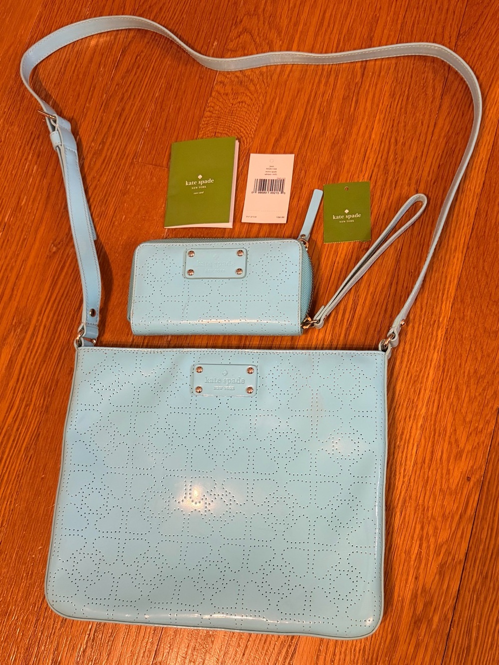 Kate Spade -tiffany blue, heart perforated leather crossbody w/matching wristlet